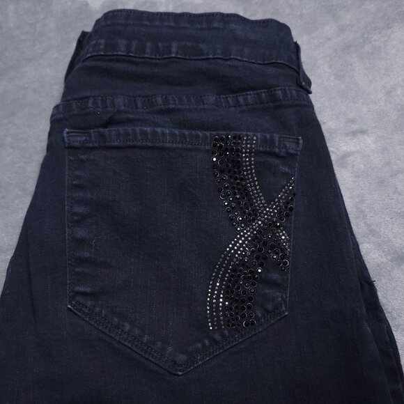 NYDJ Womens Straight Leg Jeans 12 Mid Rise Black Rhinestone Pockets Slimming - Picture 5 of 9